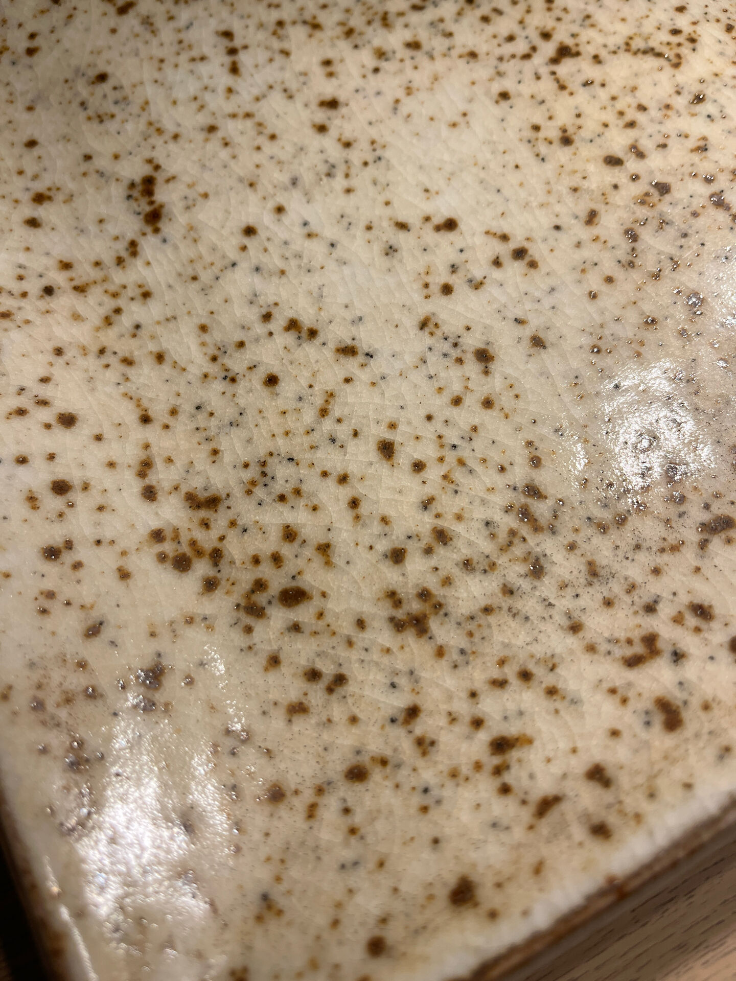Vintage signed square ceramic plate – speckled cream enamel – 22
