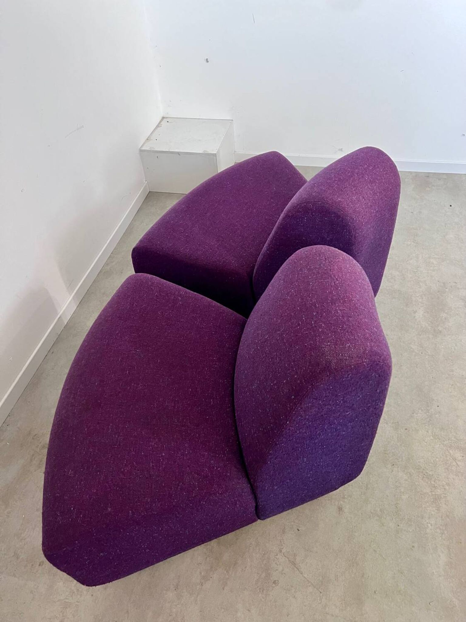 Lot 2 low chairs Space Age design from the 70s purple fabric vintage armchair
