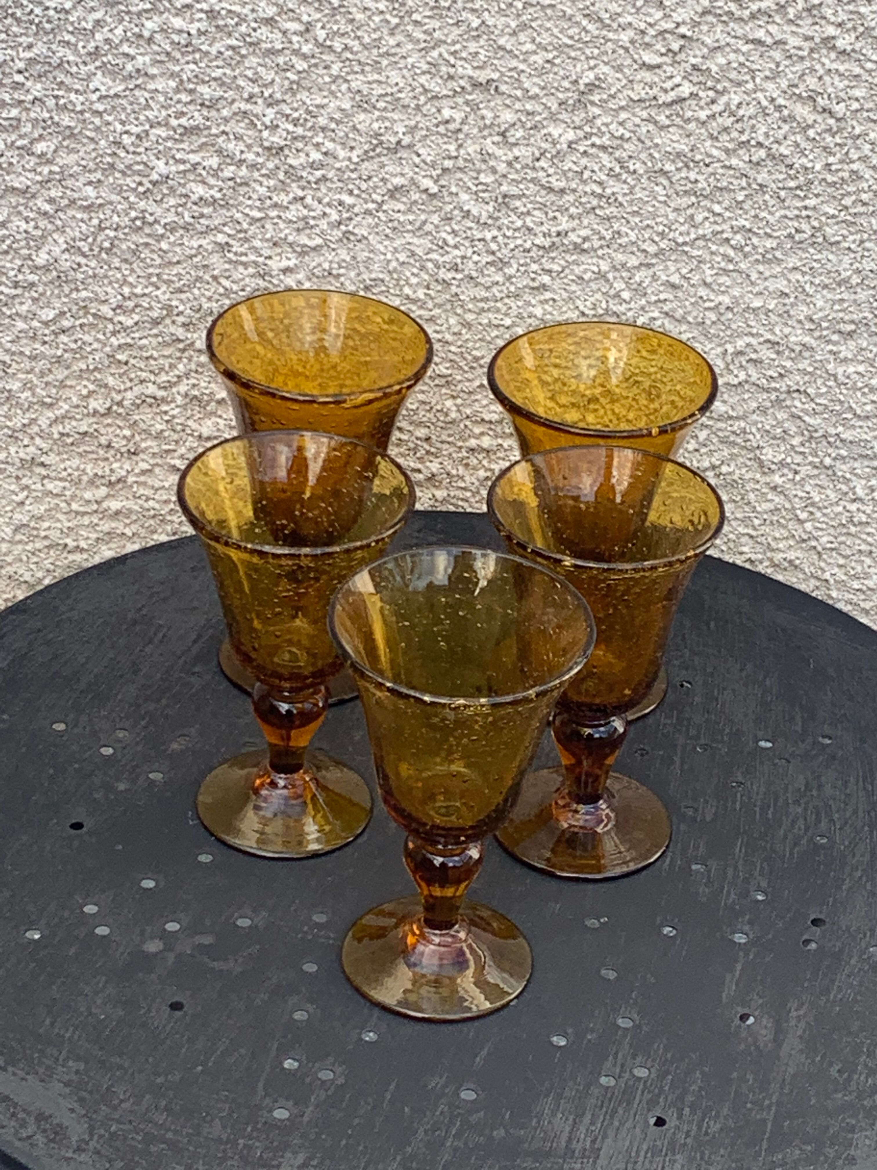 5 ocher blown glass wine glasses from Biot vintage glassworks
