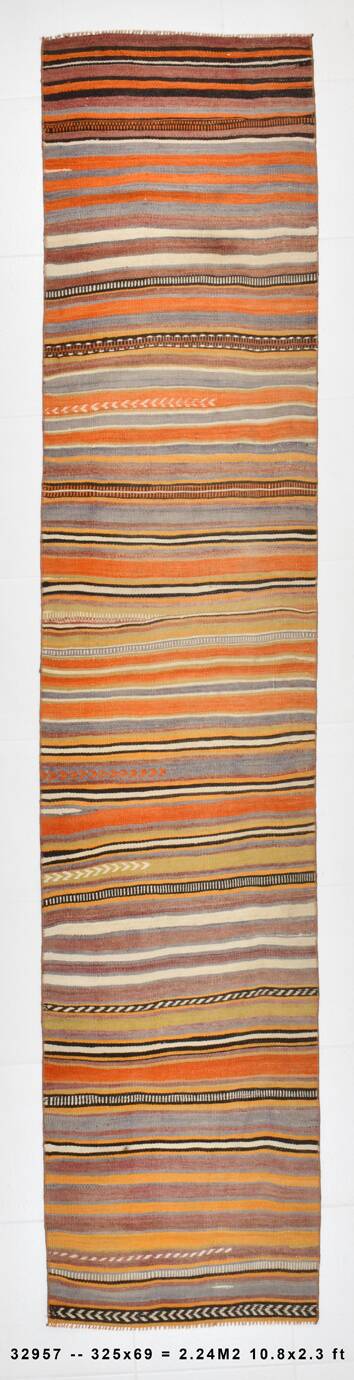 2x10 Pistriped Orange & Green Vintage Kilim Runner Rug, 69x325Cm
