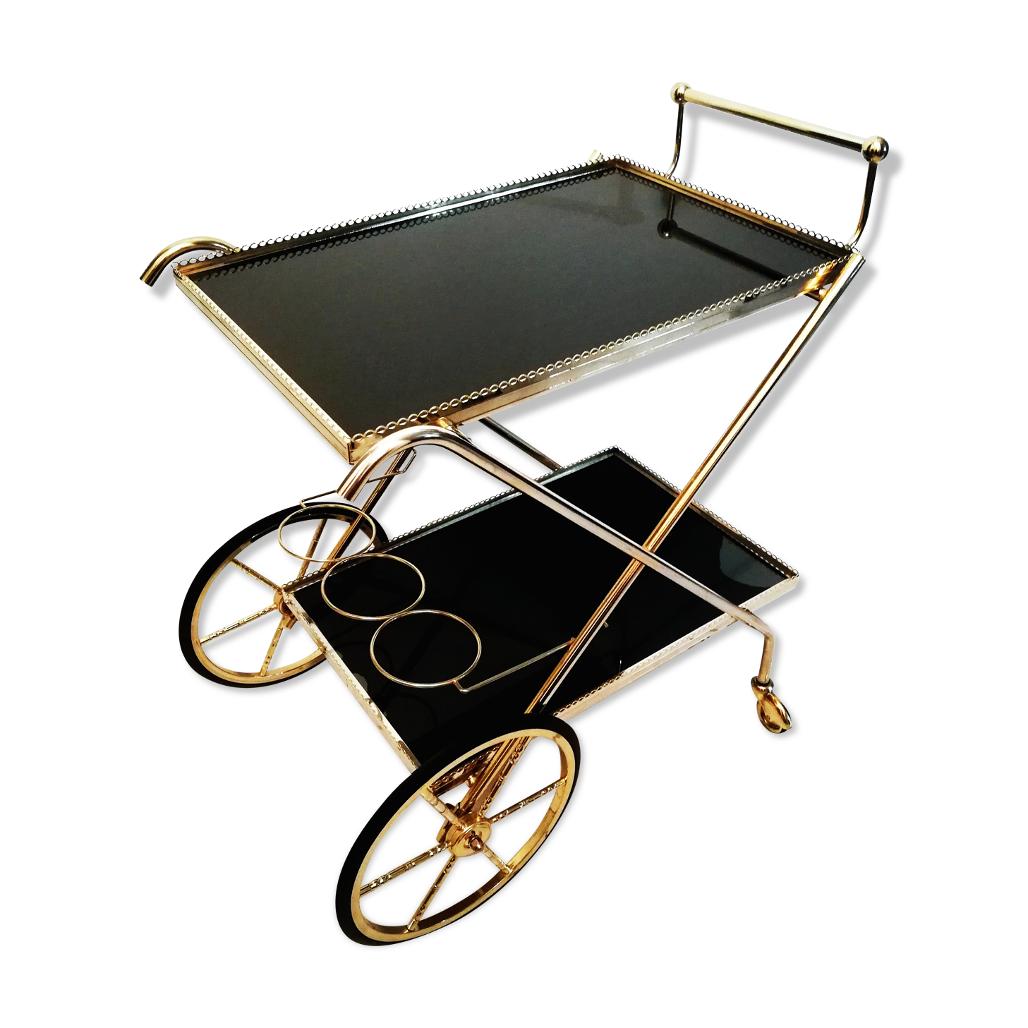 Golden brass trolley wheeled dessert and glass trays