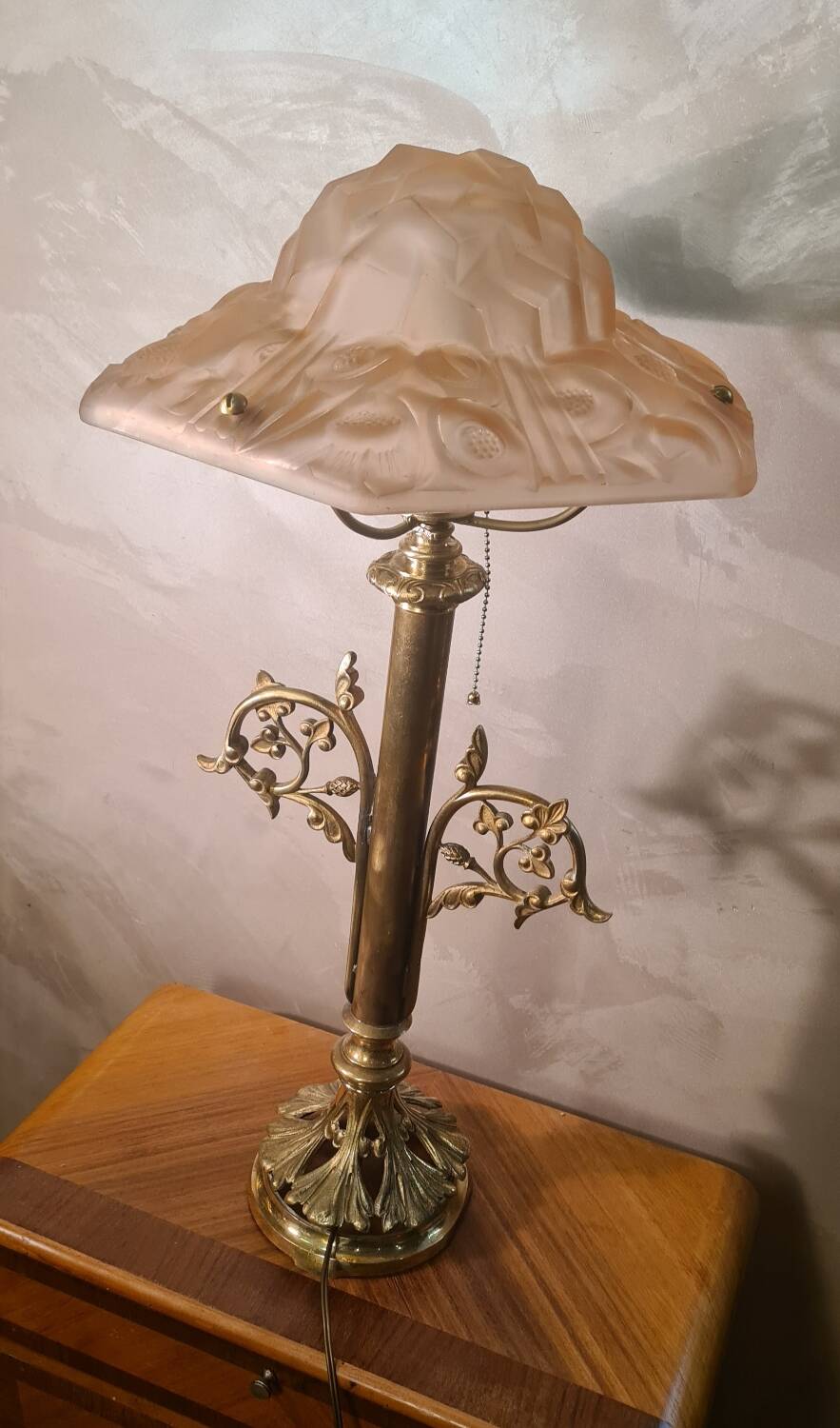 art nouveau bronze and brass lamp and lampshade signed opaque pink degue