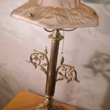 art nouveau bronze and brass lamp and lampshade signed opaque pink degue