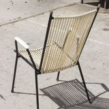 Wrought iron armchair, brass & scoubidou, France 1950s
