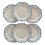 Set of 6 Longchamp France Octagonal Plates - Blue Lotus Flower Pattern