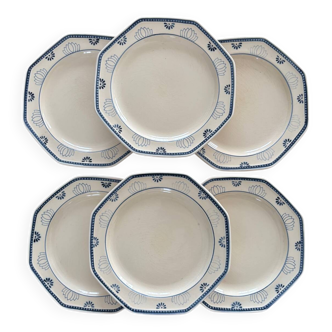 Set of 6 Longchamp France Octagonal Plates - Blue Lotus Flower Pattern