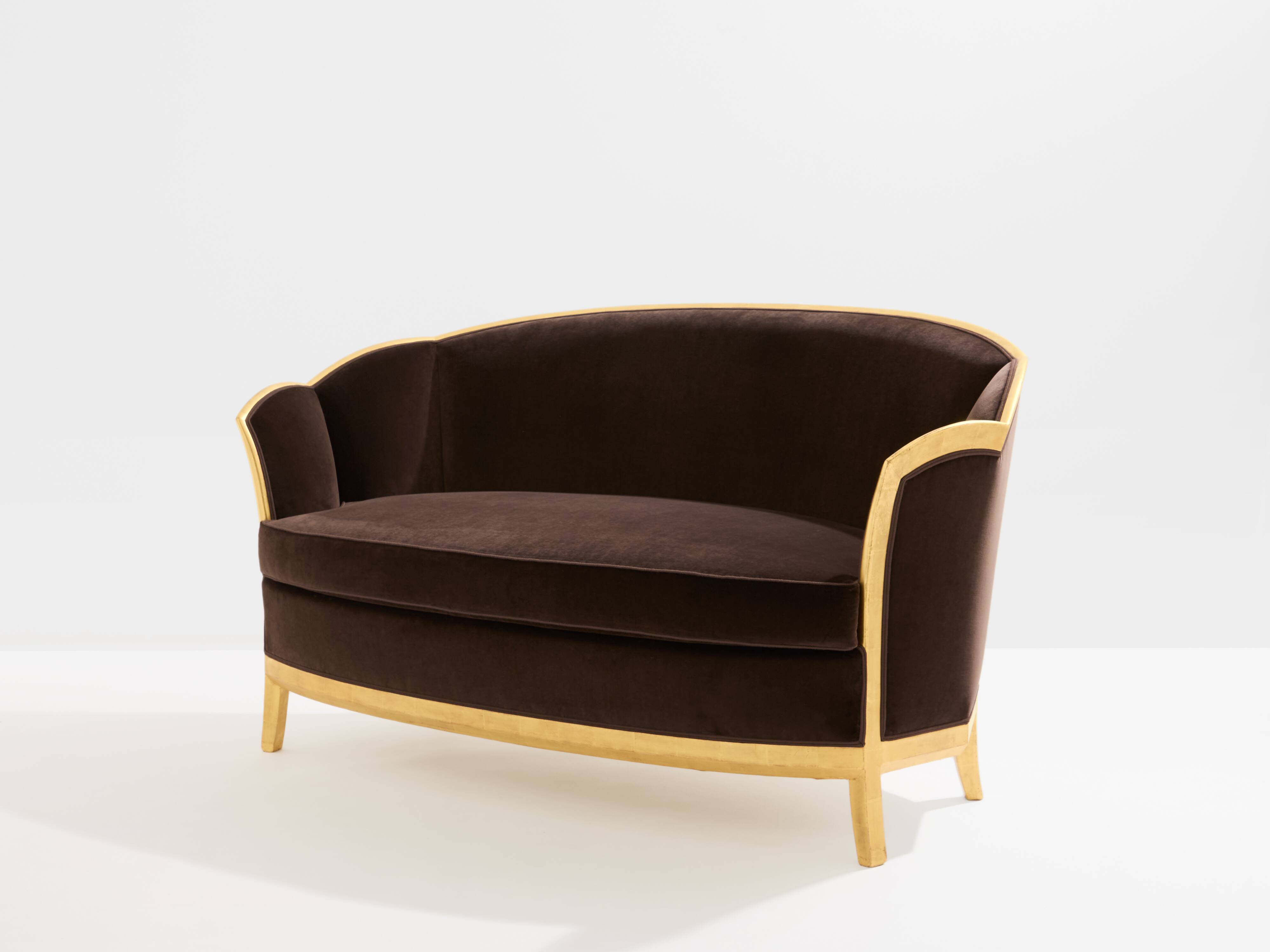 Maurice Dufrène gilded wood bench with brown velvet 1925