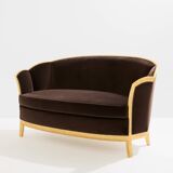 Maurice Dufrène gilded wood bench with brown velvet 1925