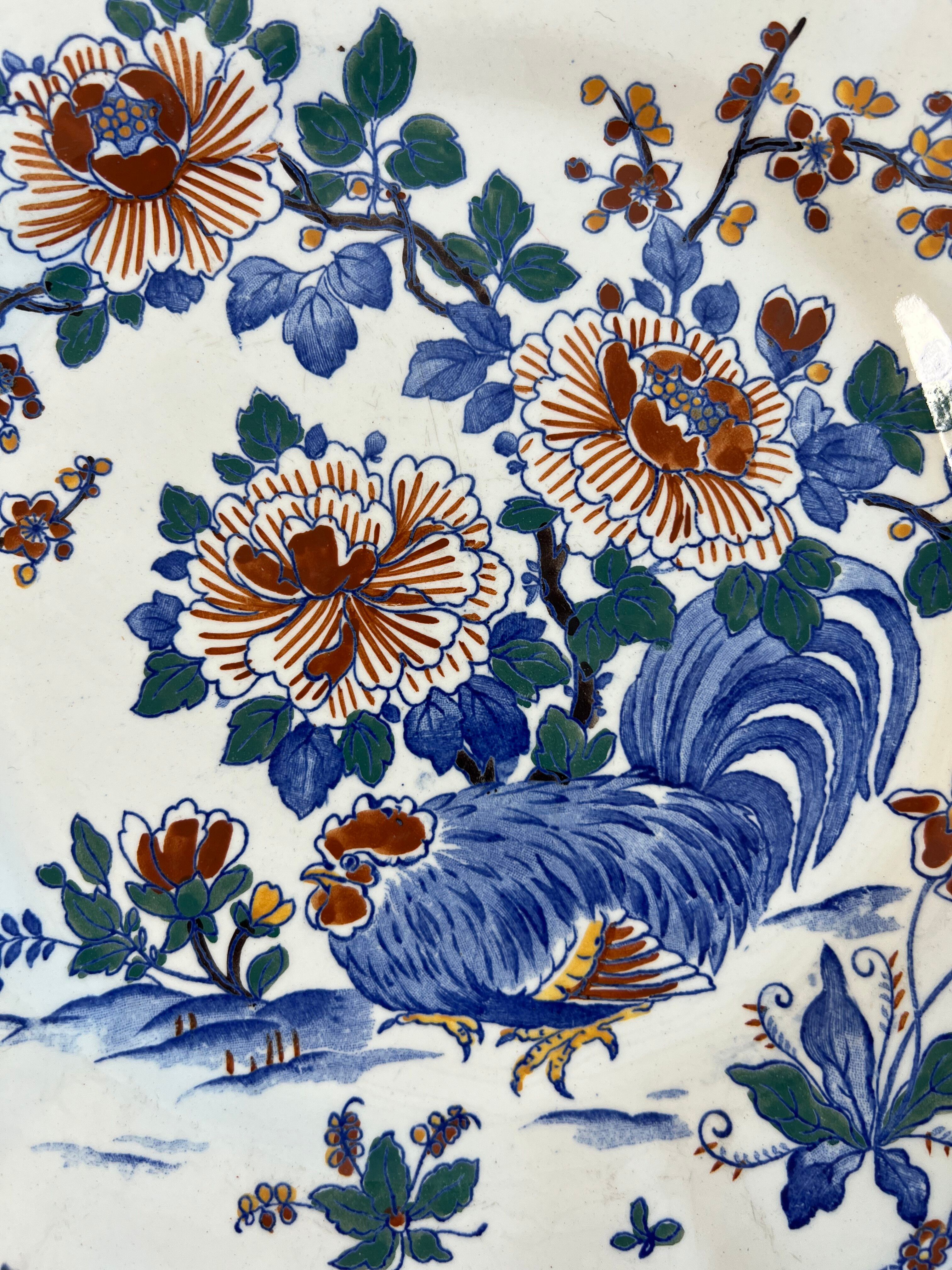 Antique plate in Gien earthenware — model “Rooster with Peonies”