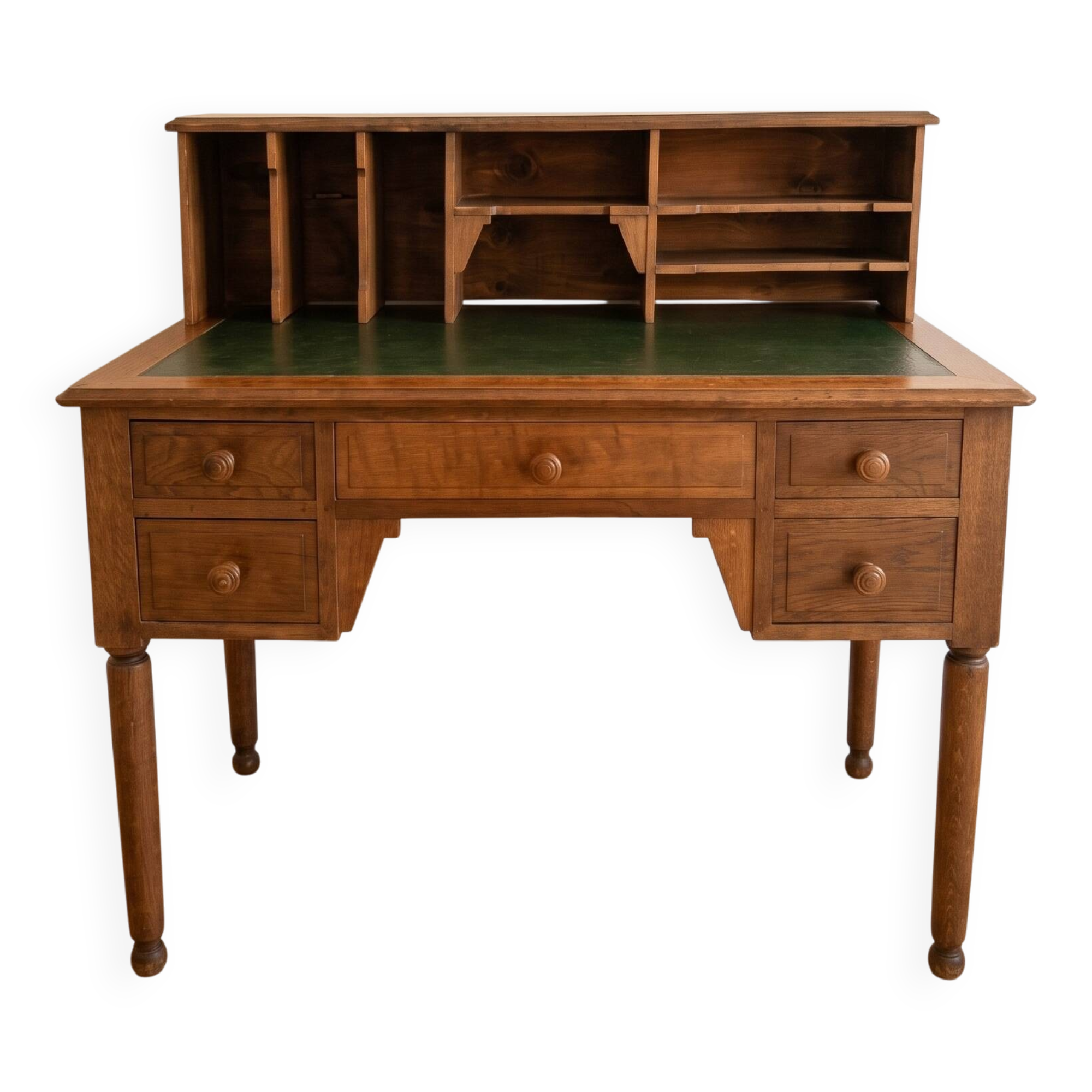 Antique wooden desk with a sloped top and green writing pad.