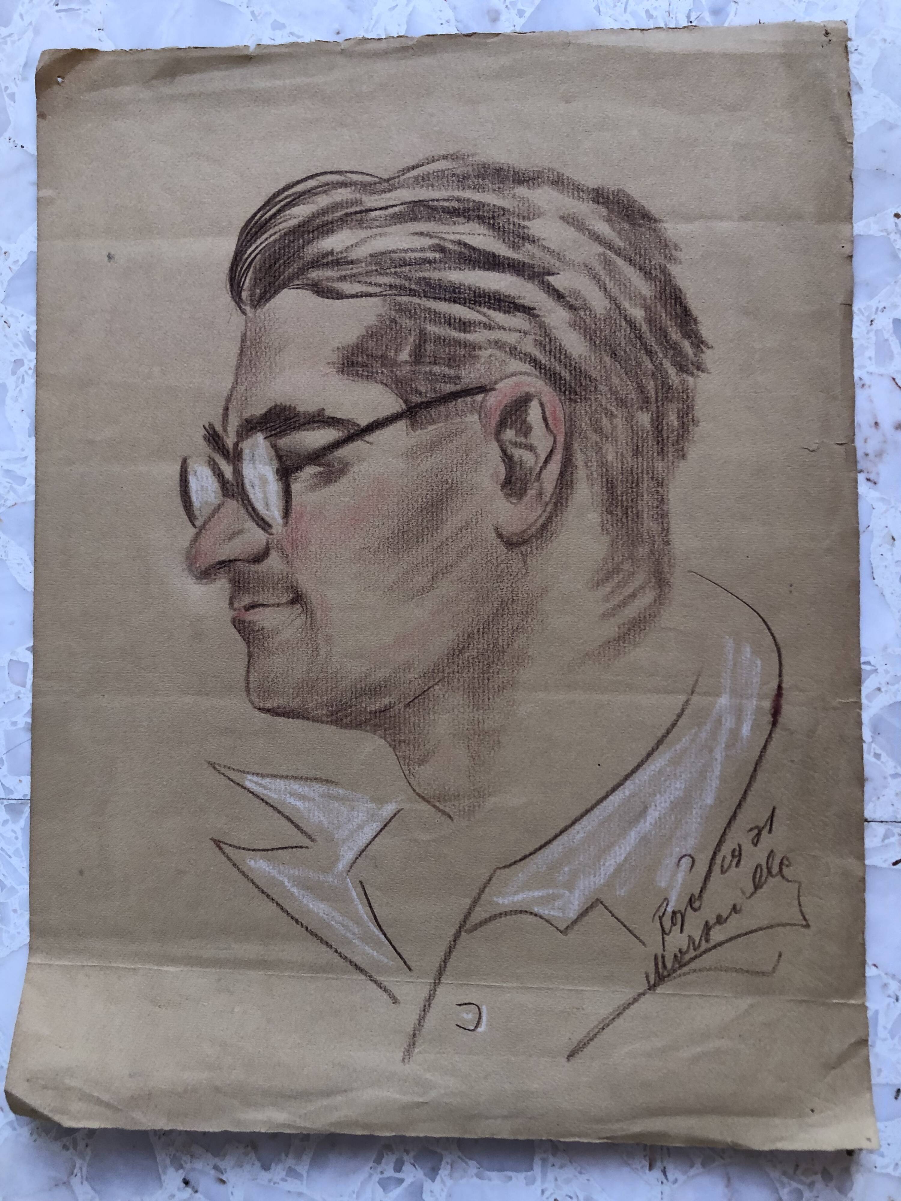 Pastel drawing 1971 man portrait with glasses, signed rose? marseille 13 bouche du rhône paper