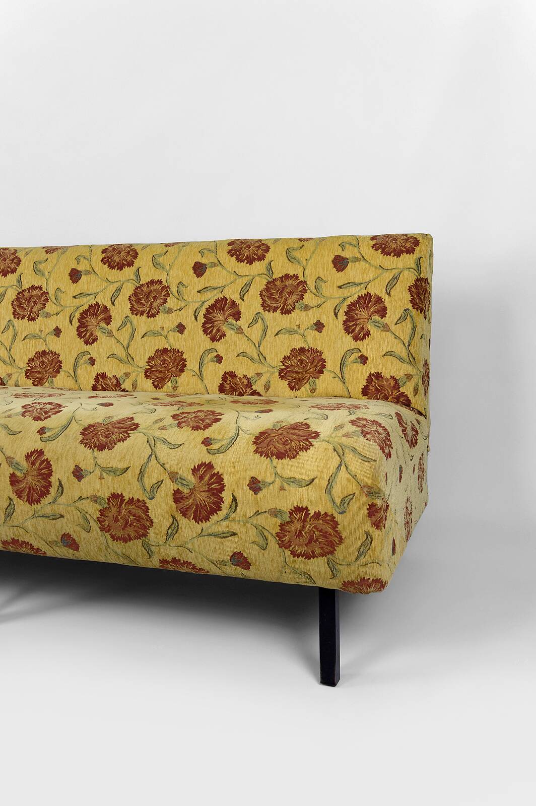 Bench with yellow and red floral fabric, France, circa 1960
