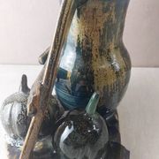 Old terracotta vase, pumpkin decoration, wood, to be identified