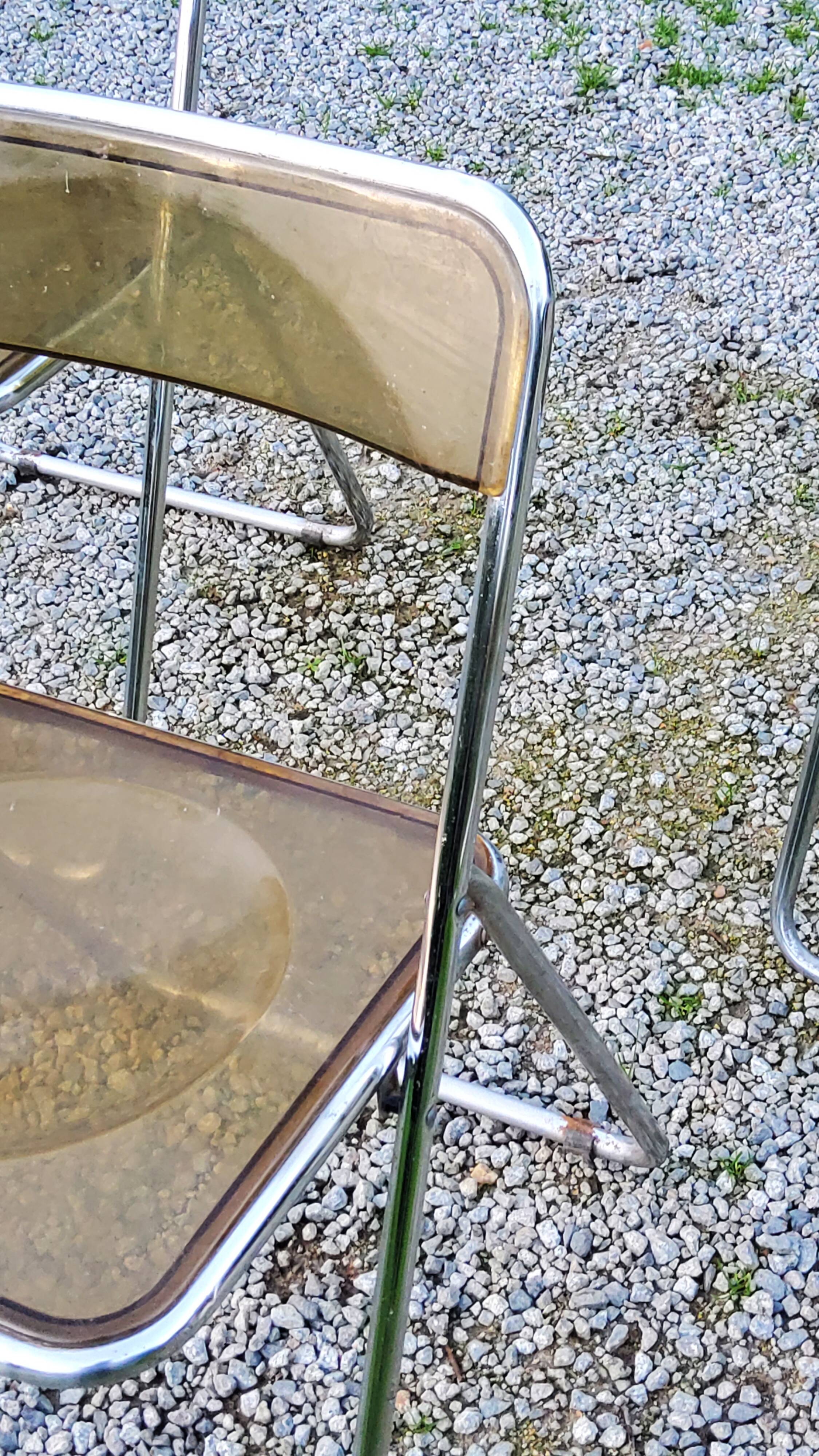 Set of 4 70s design folding chairs in smoked plexiglass and chrome metal