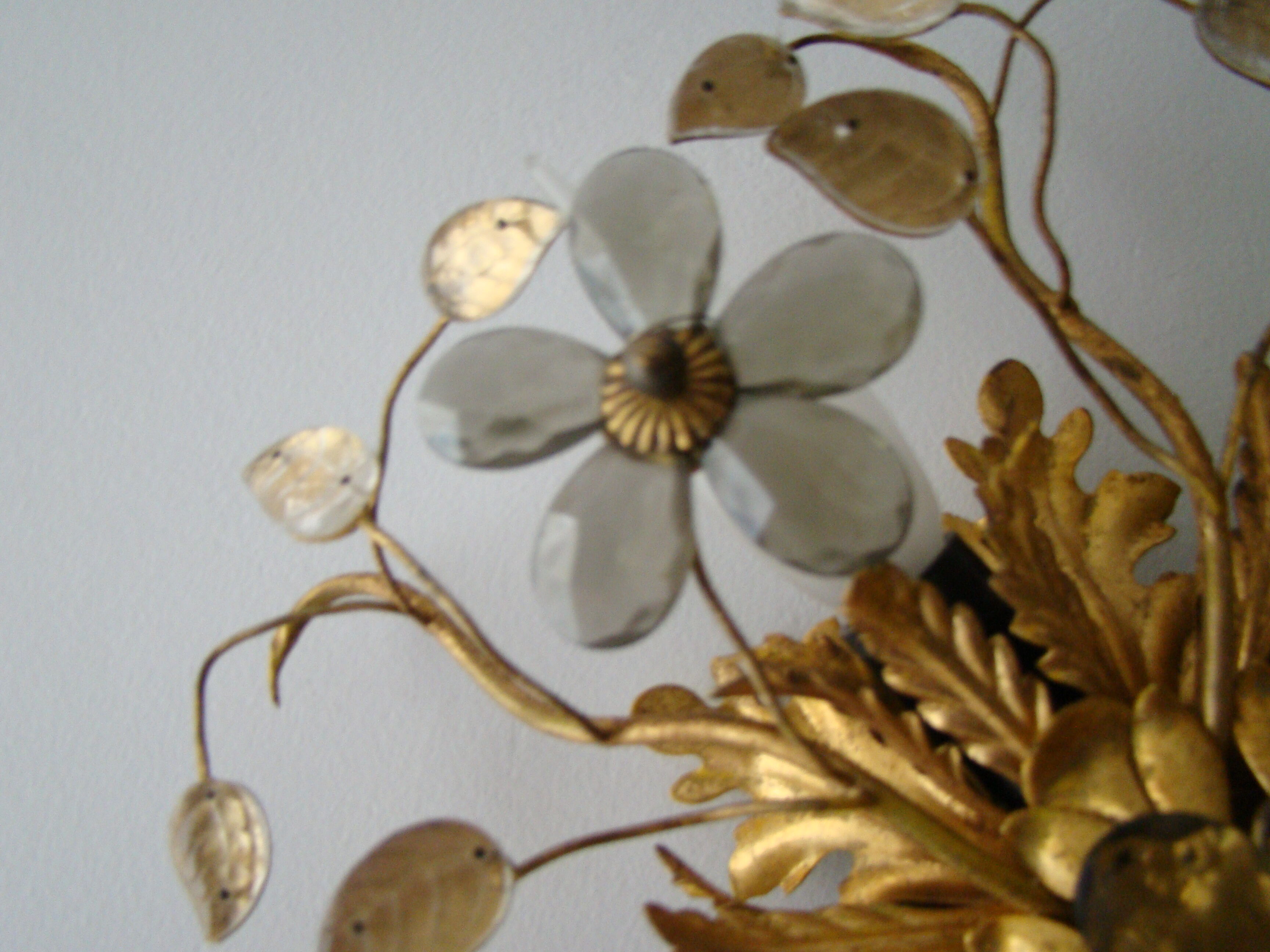 Vintage wall lamp or ceiling lamp in golden metal, glass flowers