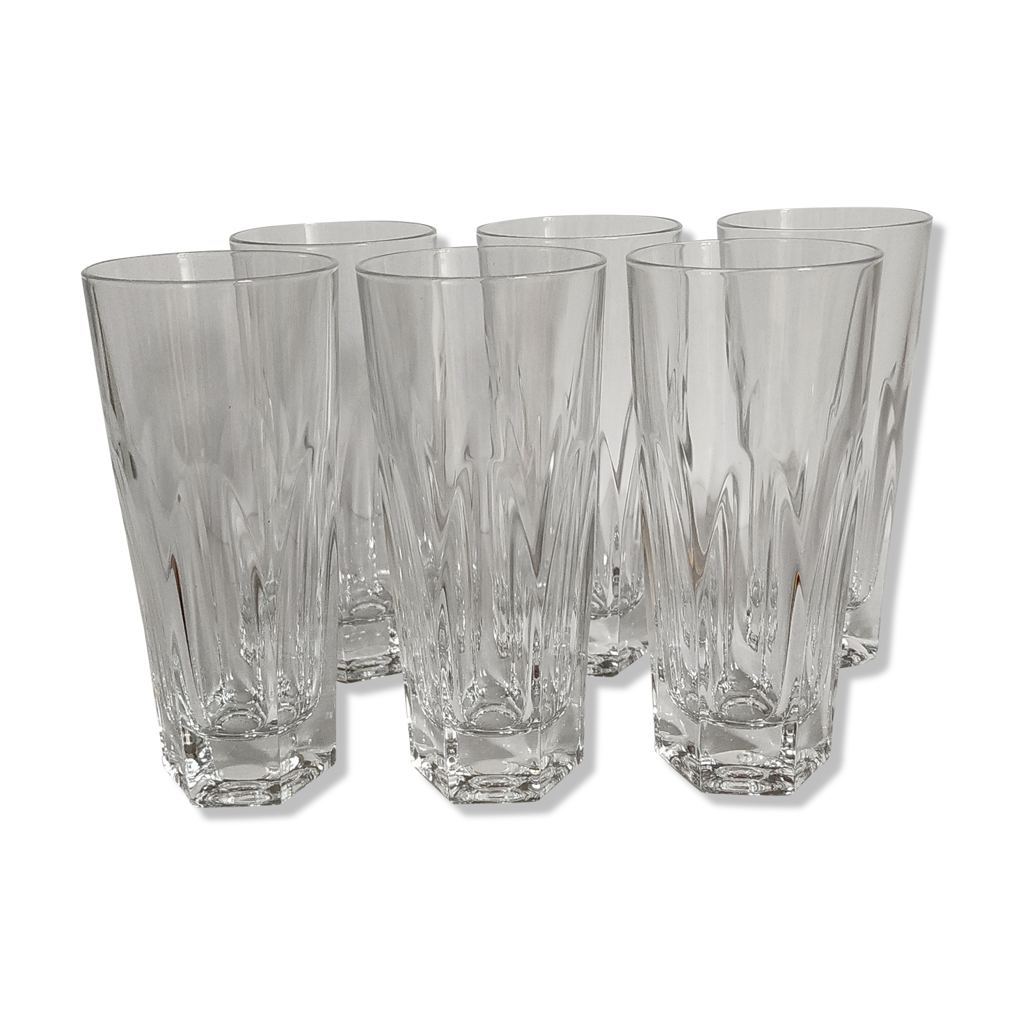 Six Art-Deco long drink glasses in crystal with cut sides