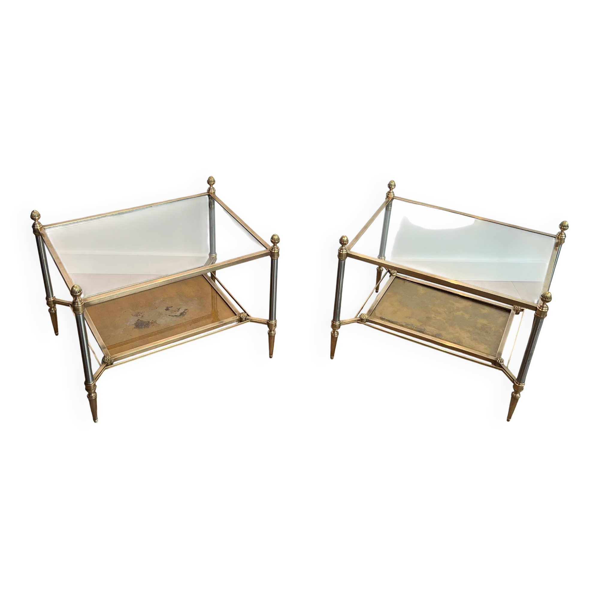 Pair of neoclassical side tables in steel and brass by Maison Jansen.