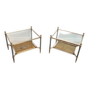 Pair of neoclassical side tables in steel and brass by Maison Jansen.