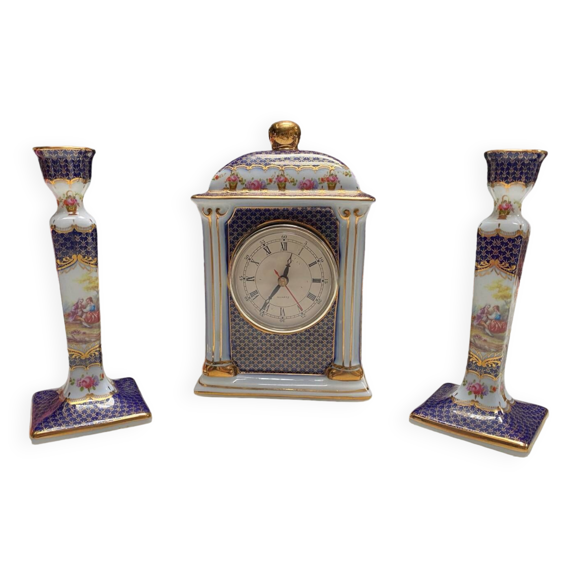 English porcelain clock and candle holders