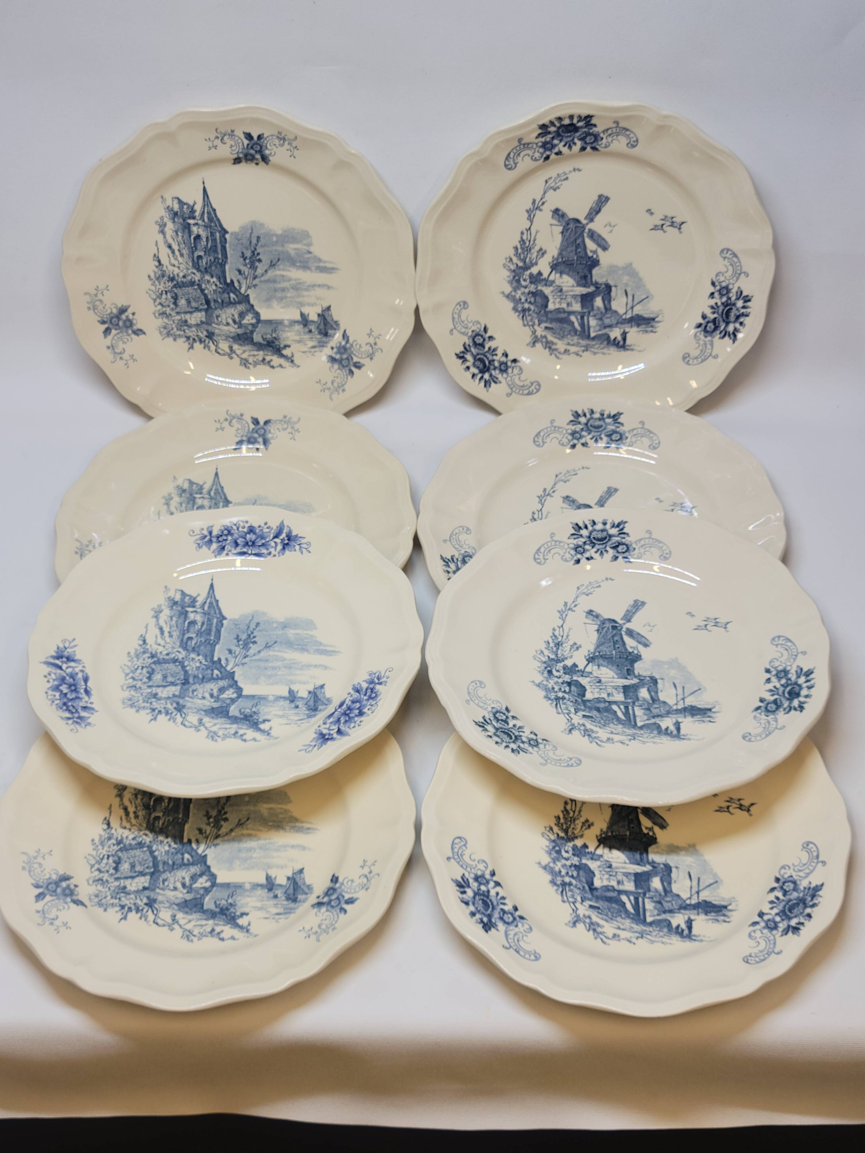 8 Large Vintage Sarreguemines Flanders and Surrey Dinner Plates, White Decor