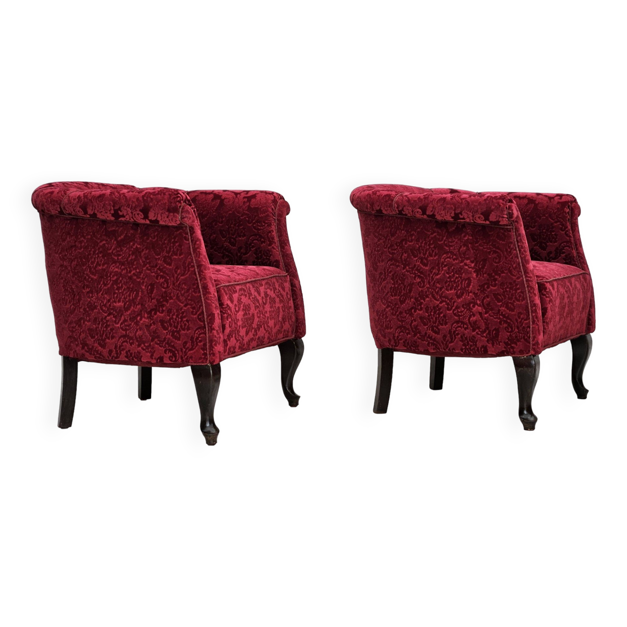 1950s, pair of two Danish lounge chairs, red cotton/wool fabric, beech wood.