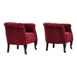 1950s, pair of two Danish lounge chairs, red cotton/wool fabric, beech wood.