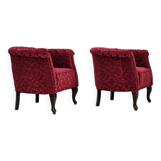 1950s, pair of two Danish lounge chairs, red cotton/wool fabric, beech wood.