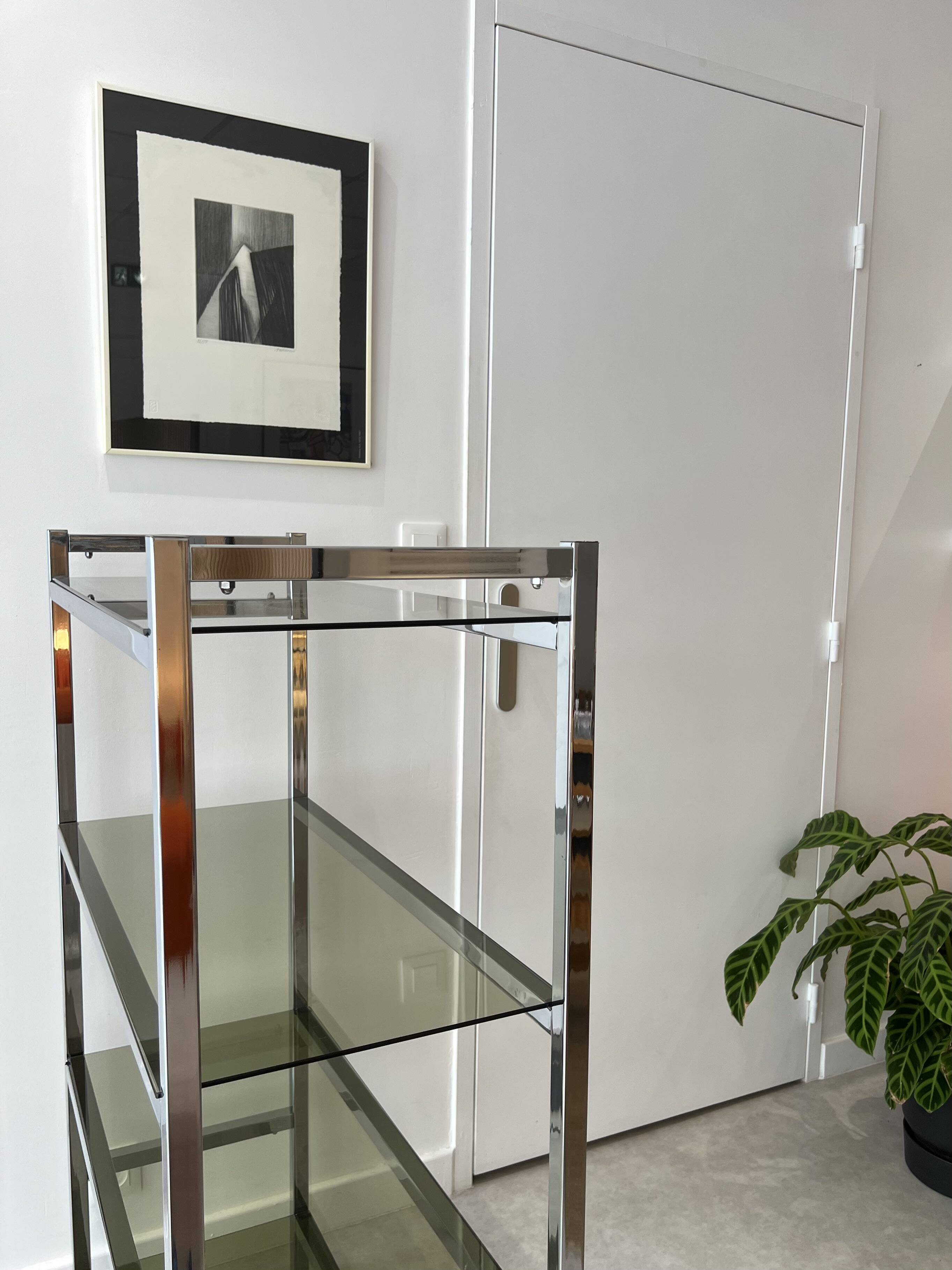 Chrome and smoked glass bookcase/shelf, circa 1970