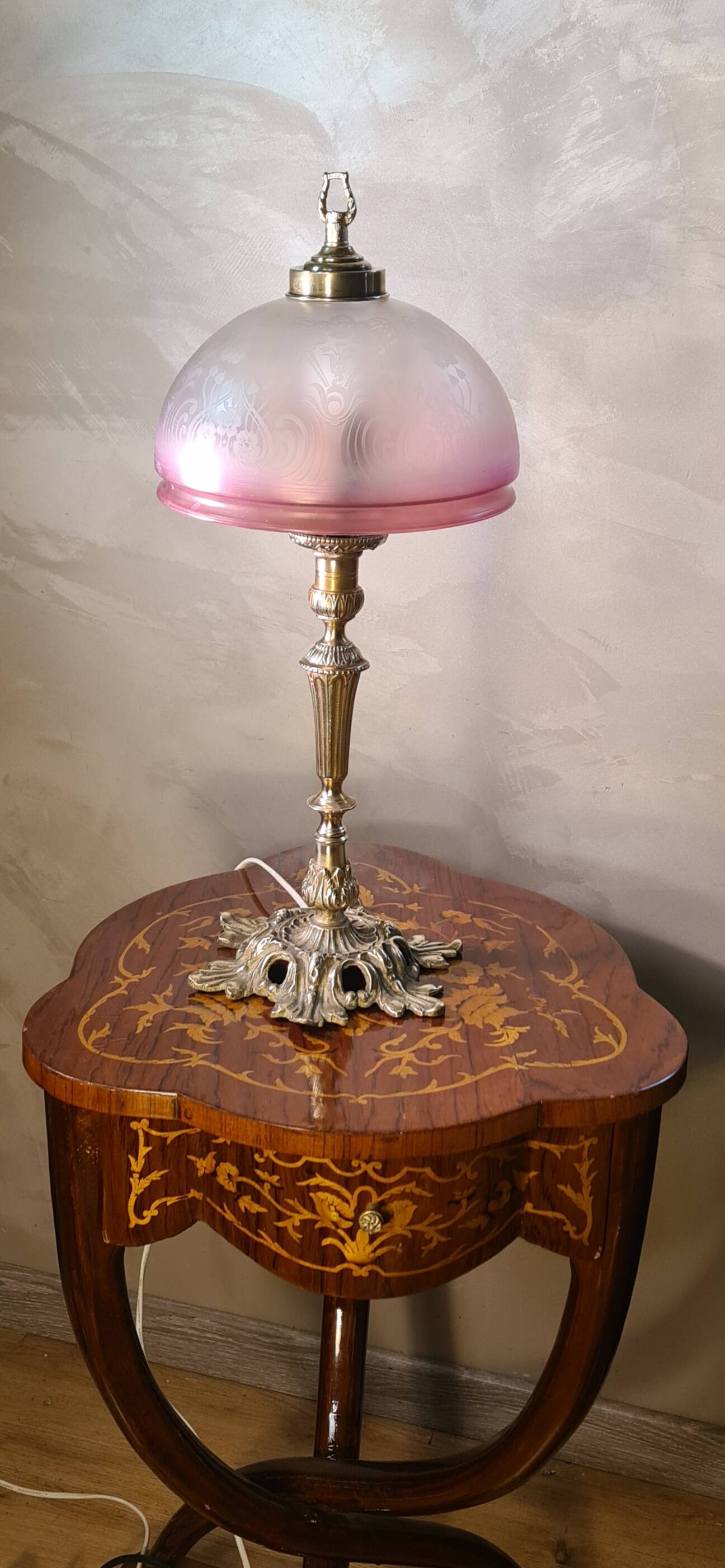 bronze lamp and tinted & acid-etched glass lampshade / Art Nouveau, period product