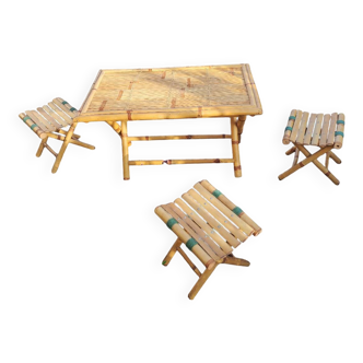 Table basse et tabourets pliants banbou vintage