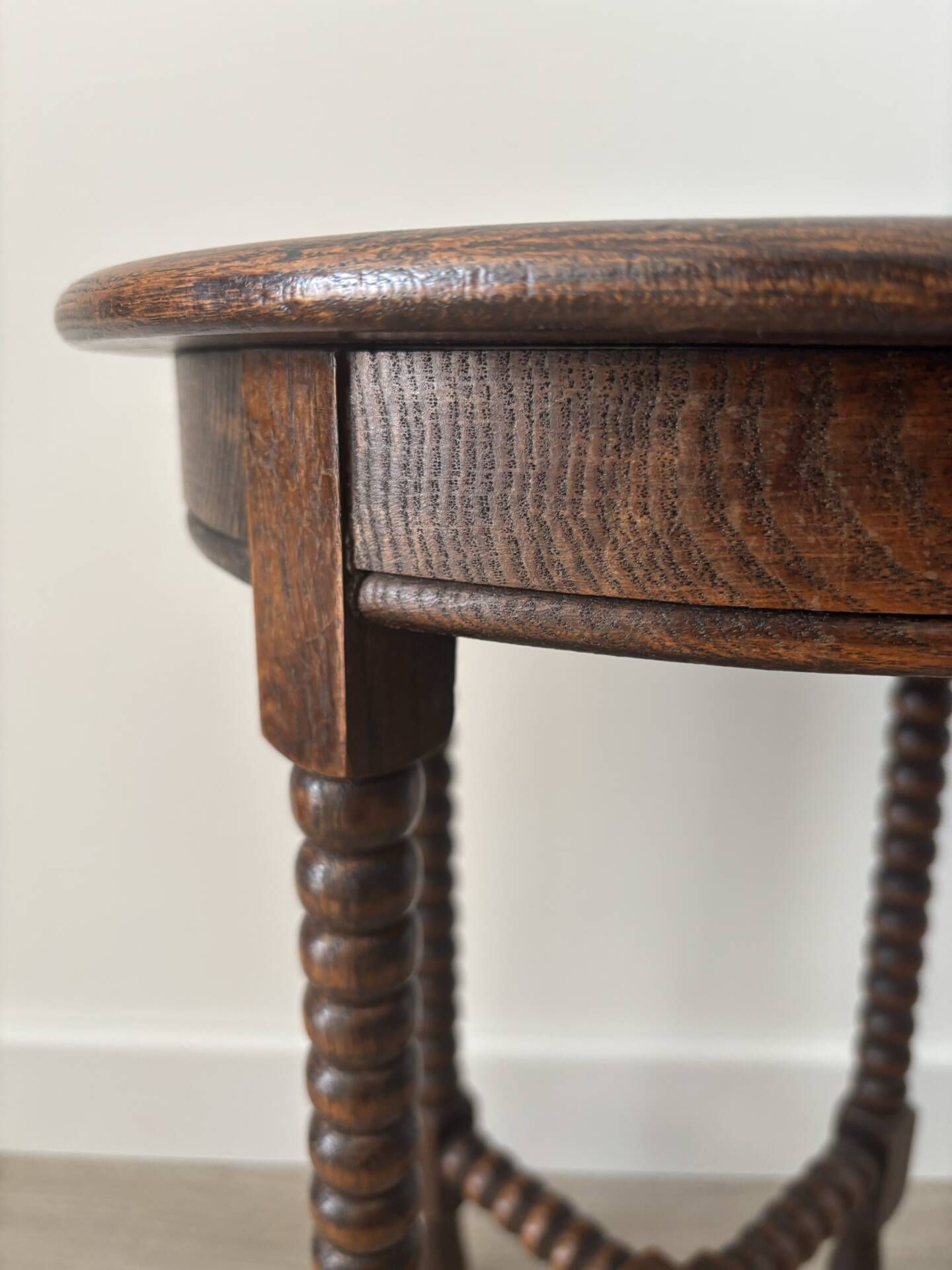 Small vintage turned wooden side table, round wooden accent table.