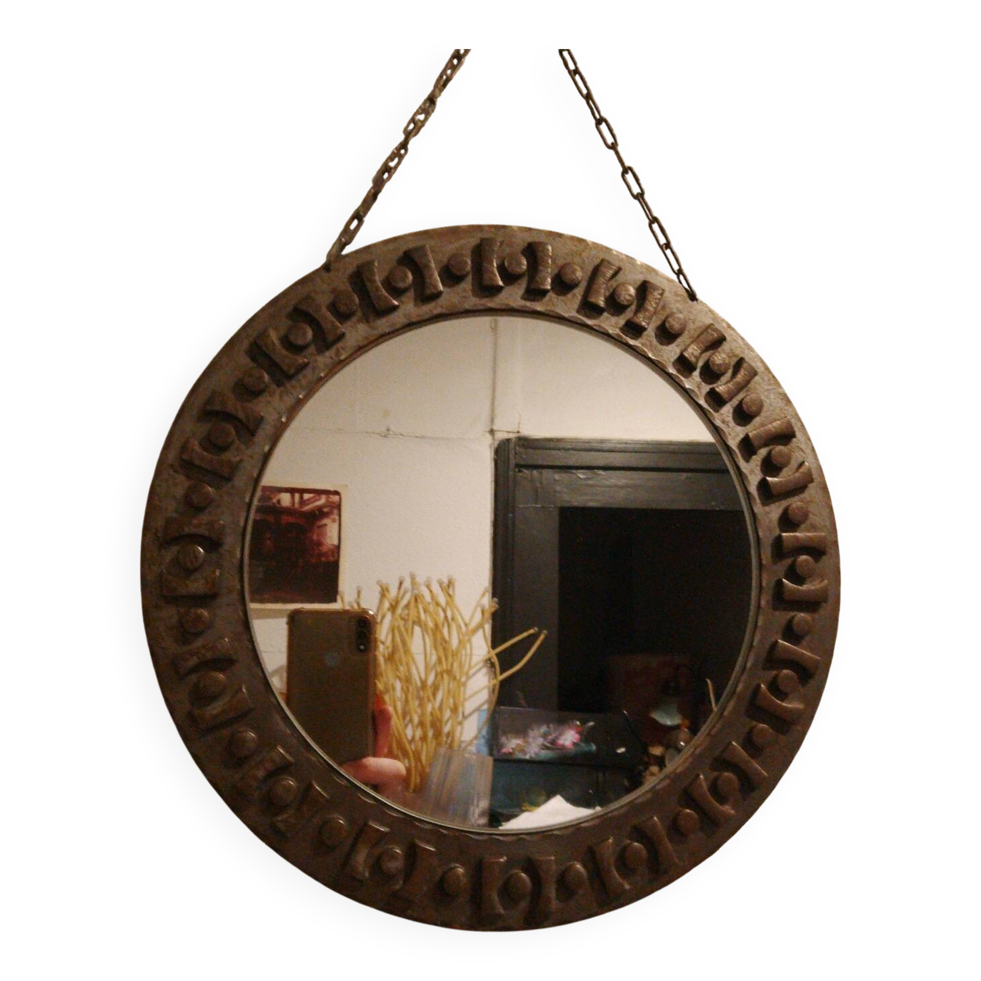 Beautiful brutalist round iron mirror in the RYCKAERT style ATELIER MAROLLES JEAN TOU