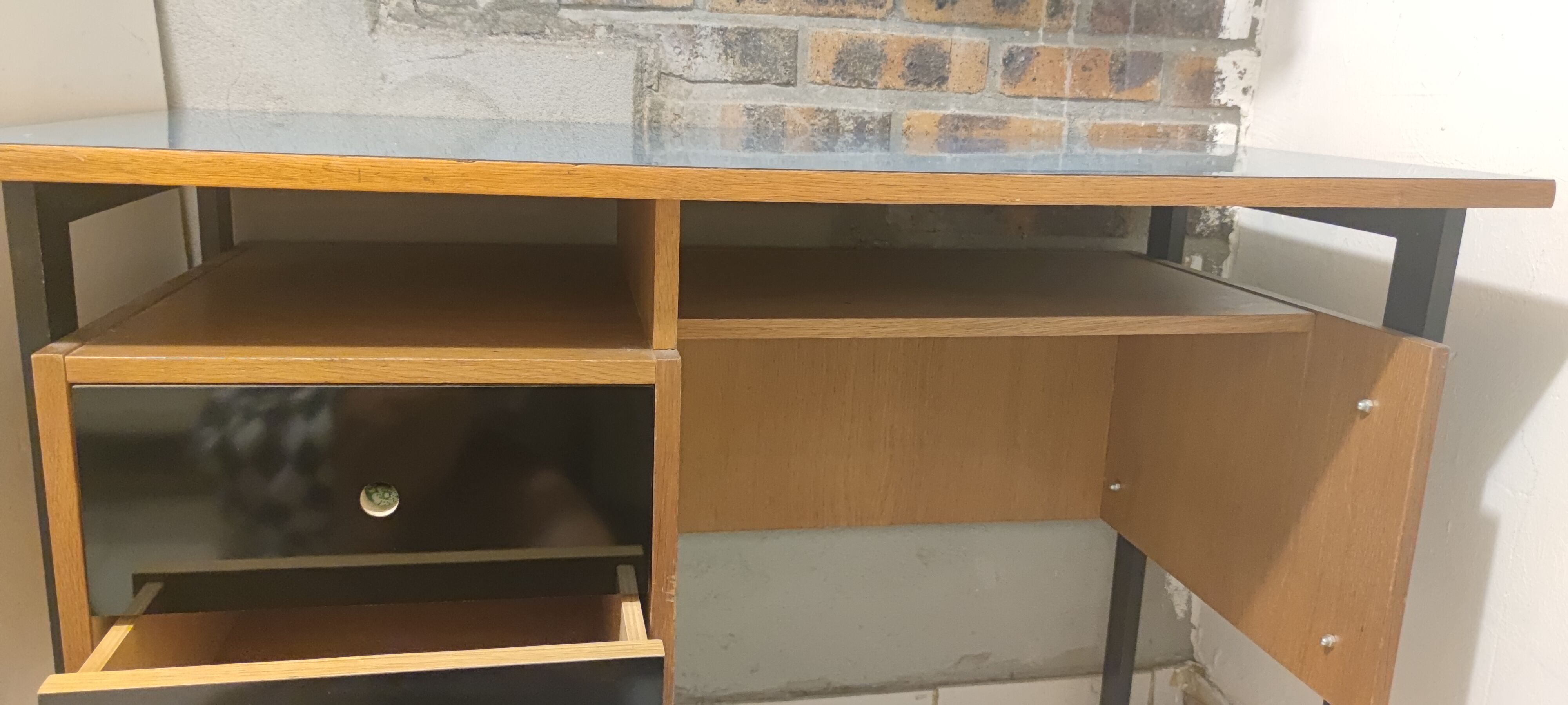 Vintage desk wood 1950s, blue top