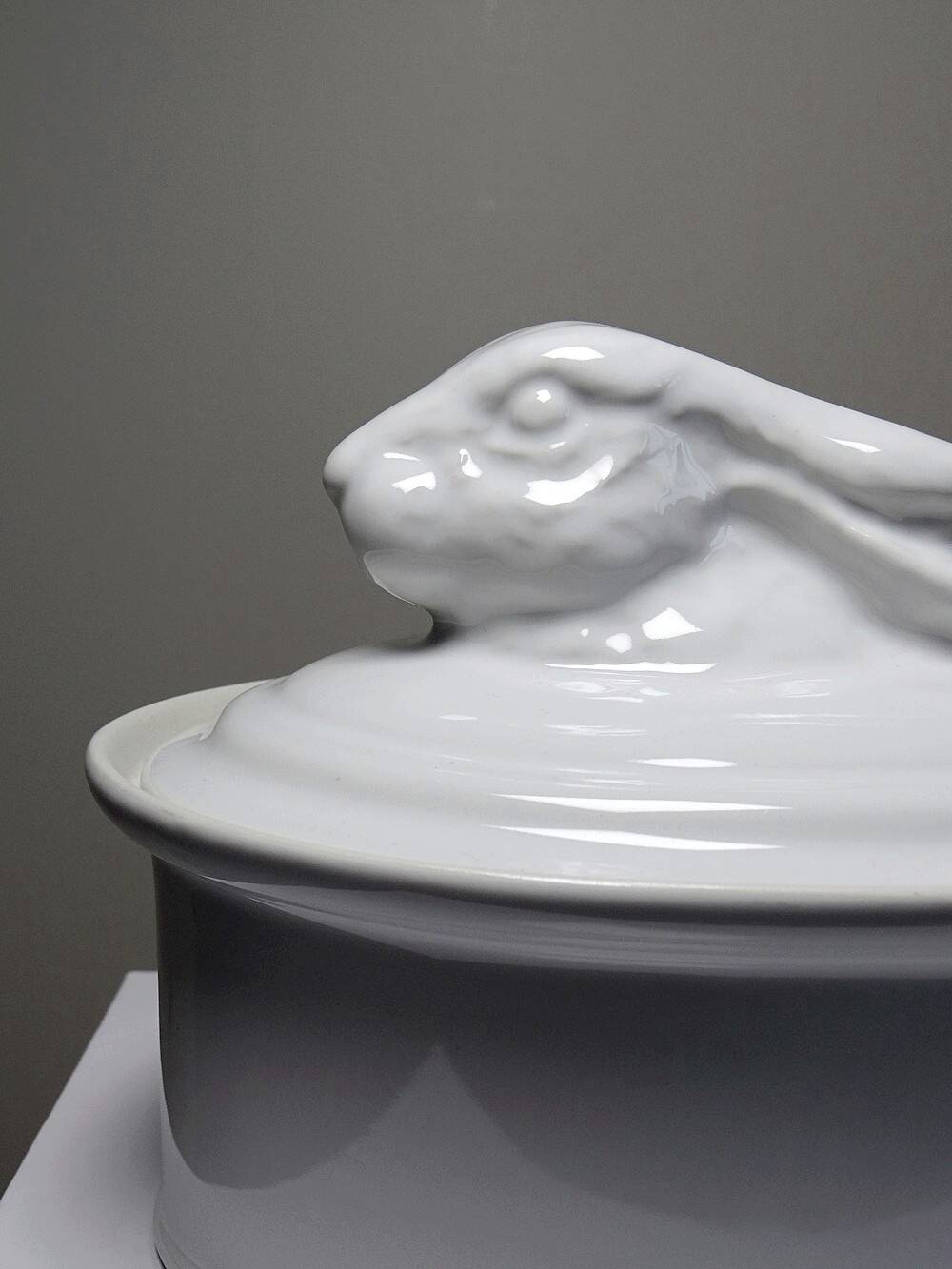 Large vintage white earthenware terrine with hare or rabbit head