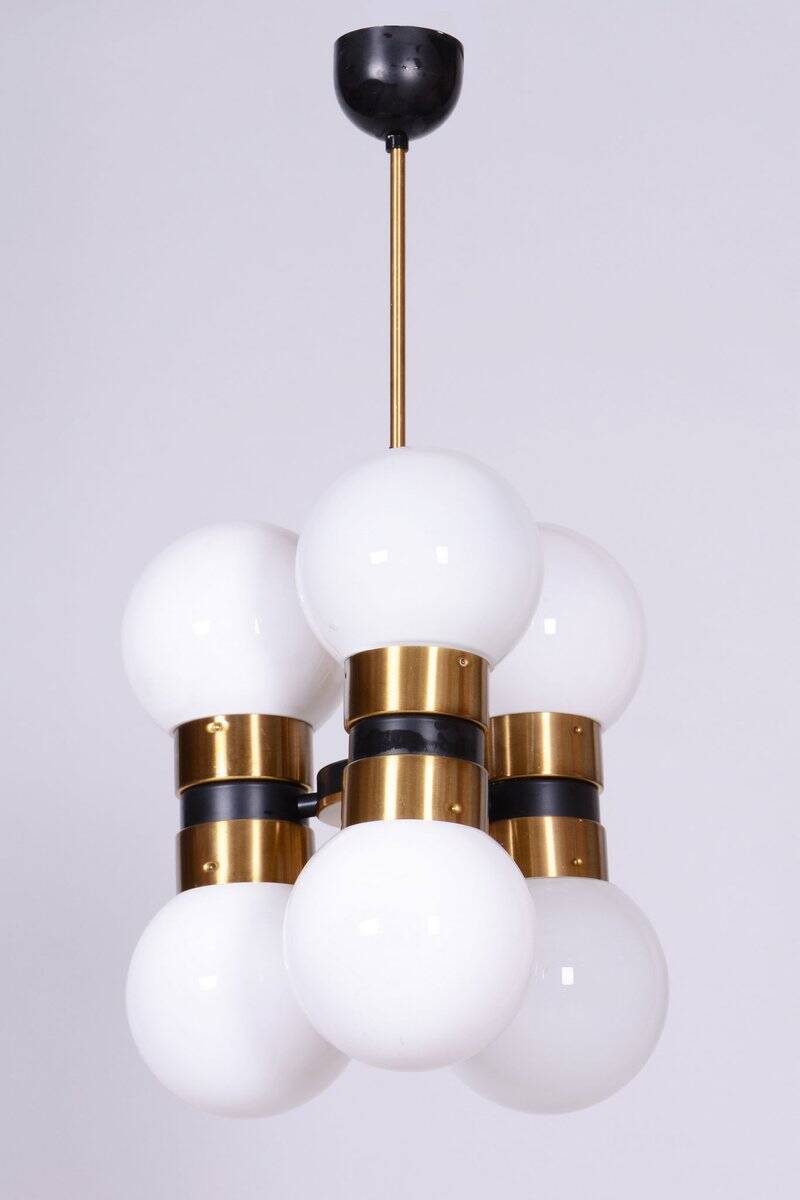 Mid-Century Chandelier in Brass and Opaline Glass, Czech, 1960s