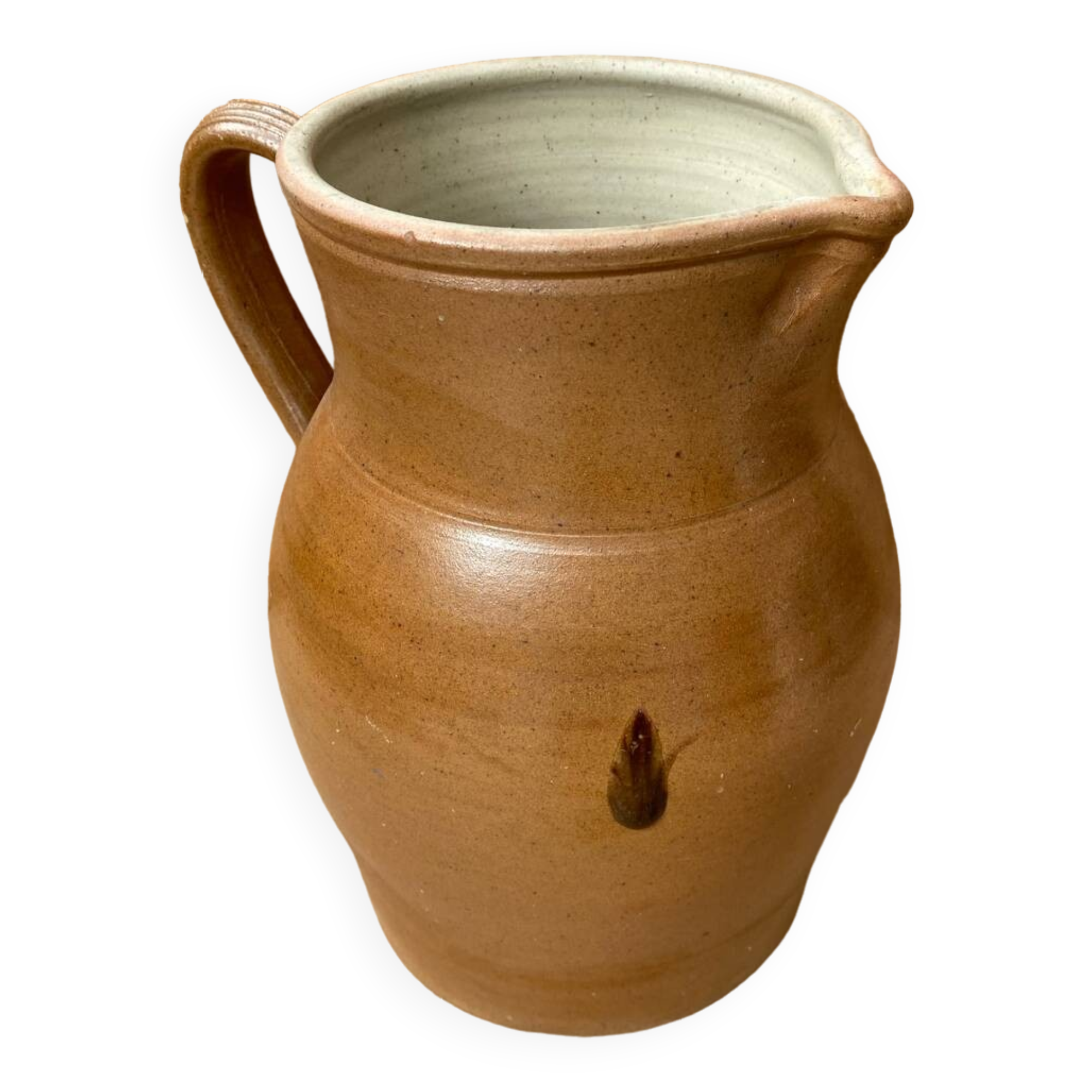 Antique pitcher 5 liters stoneware brown beige white interior vintage