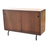 Enfilade vintage des années 50 en chêne doré 2 portes coulissantes pieds tubes métalliques