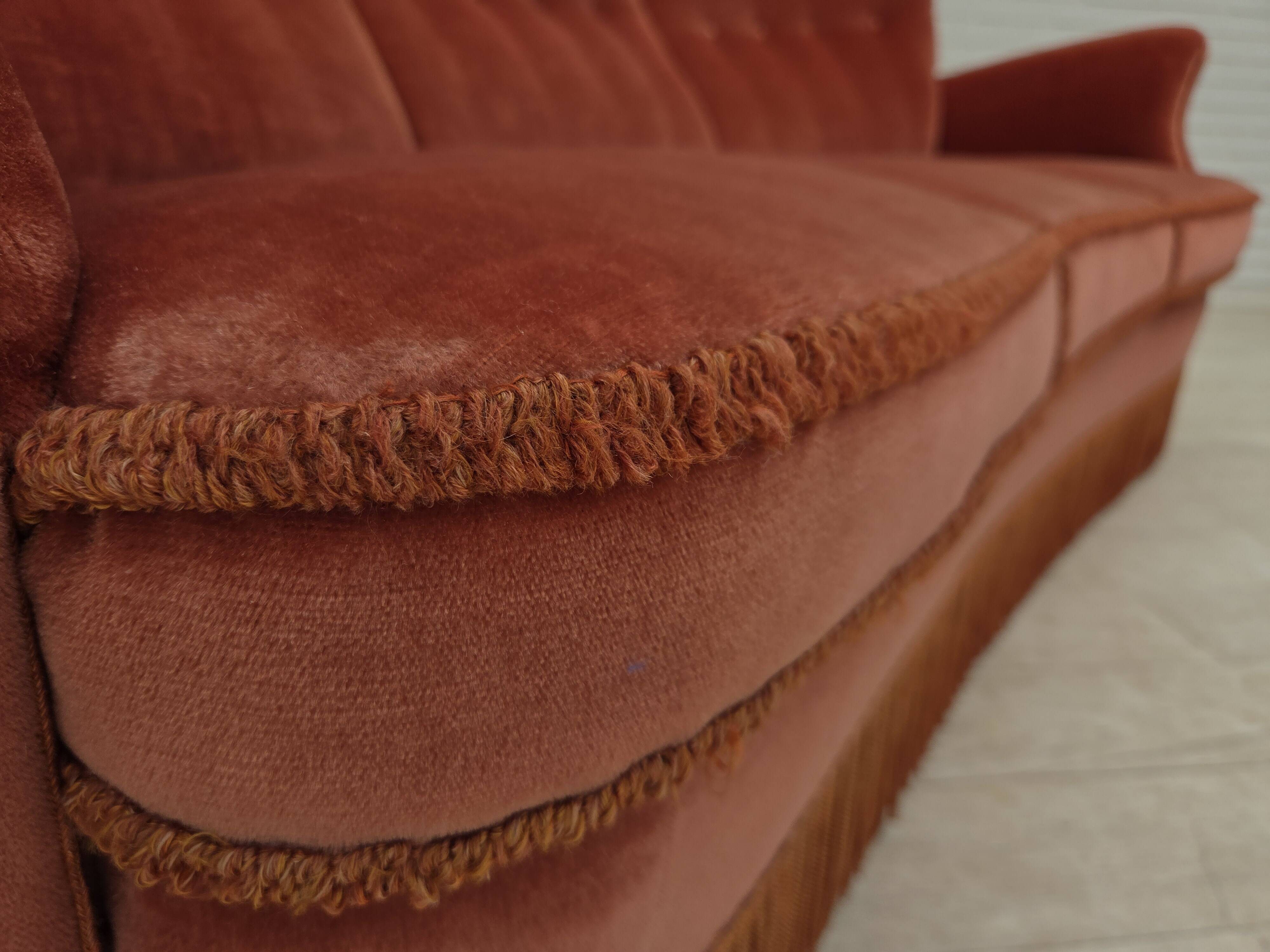 1970s, 3-seater Danish curved sofa, pink furniture velour.