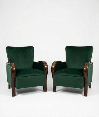 Art Deco Velvet Lounge Chairs in Dark Green Velvet, Set of 2