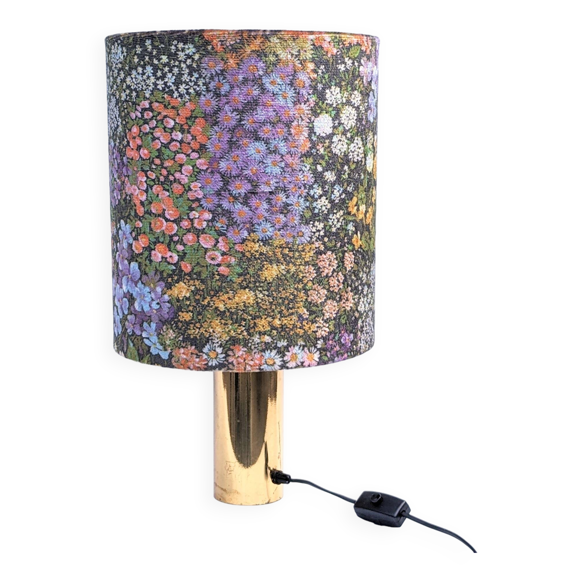 70s brass table lamp with floral velvet shade