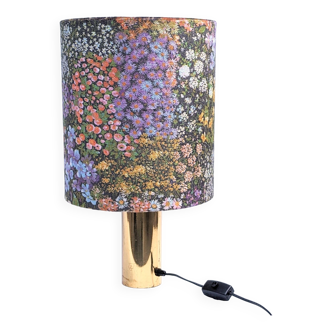 70s brass table lamp with floral velvet shade