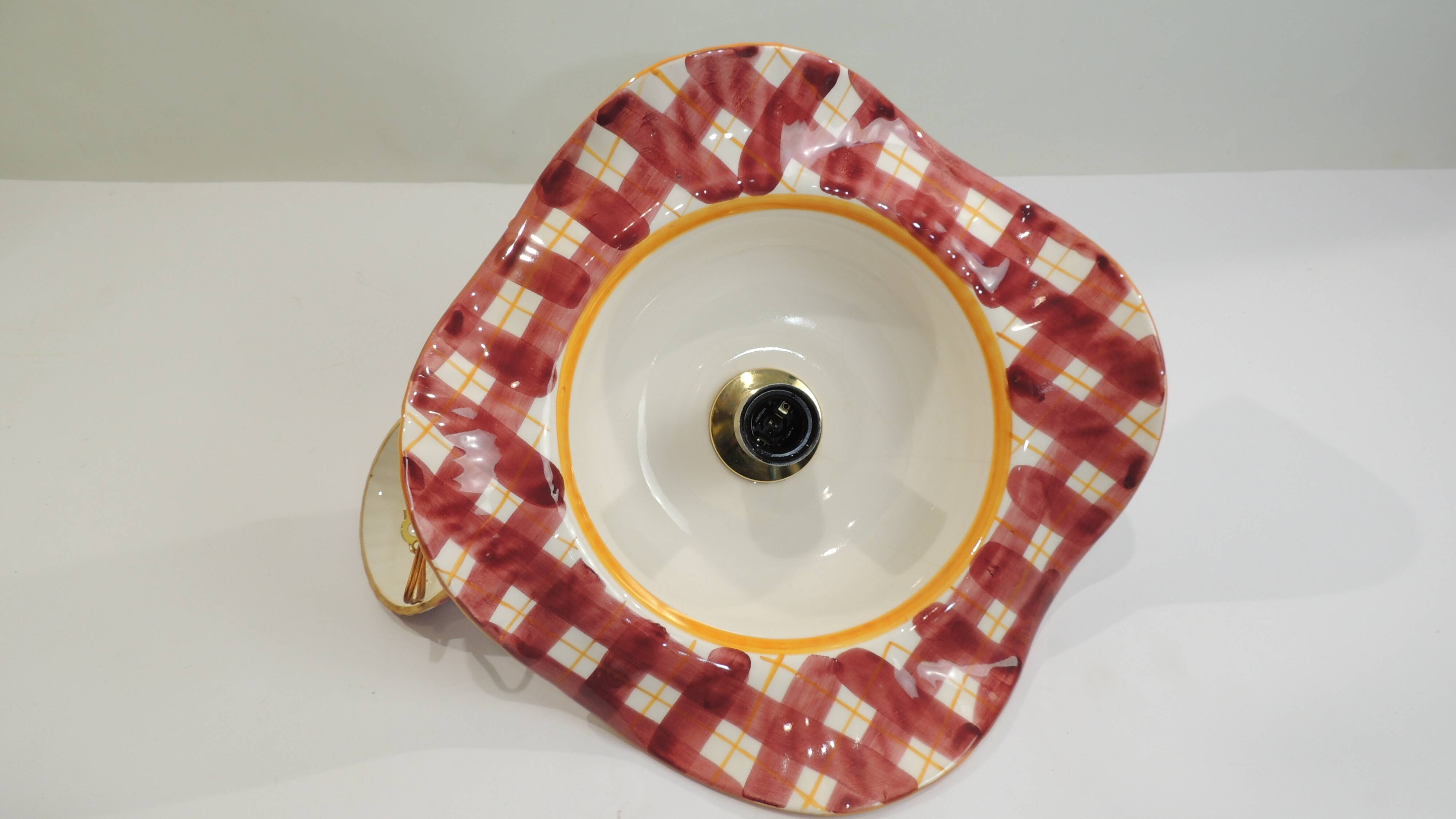 Vintage earthenware pendant light with a burgundy and ochre tartan pattern