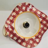 Vintage earthenware pendant light with a burgundy and ochre tartan pattern