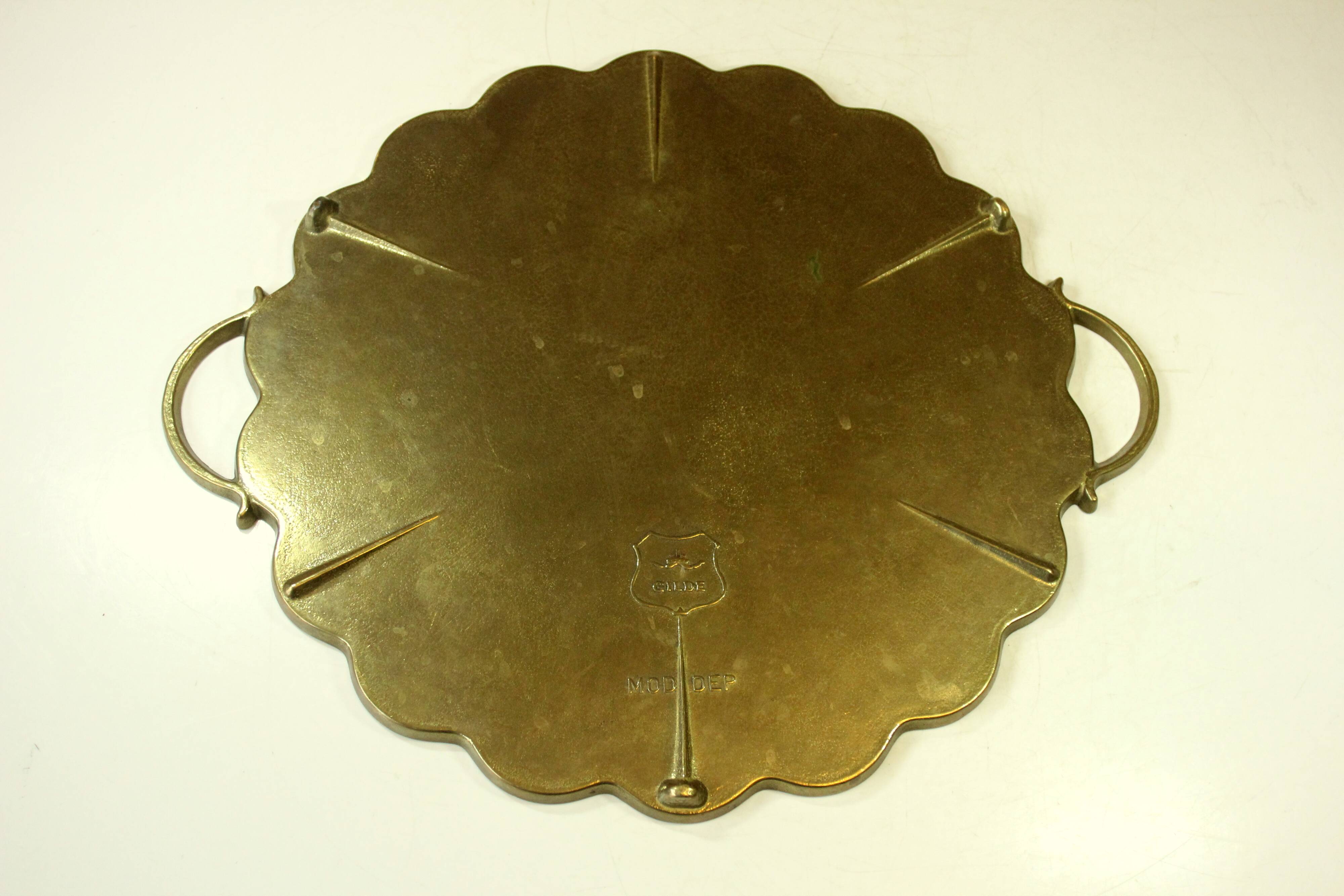 1950s handmade heavy brass serving tray, with handles and small feets, marked, vintage