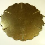 1950s handmade heavy brass serving tray, with handles and small feets, marked, vintage