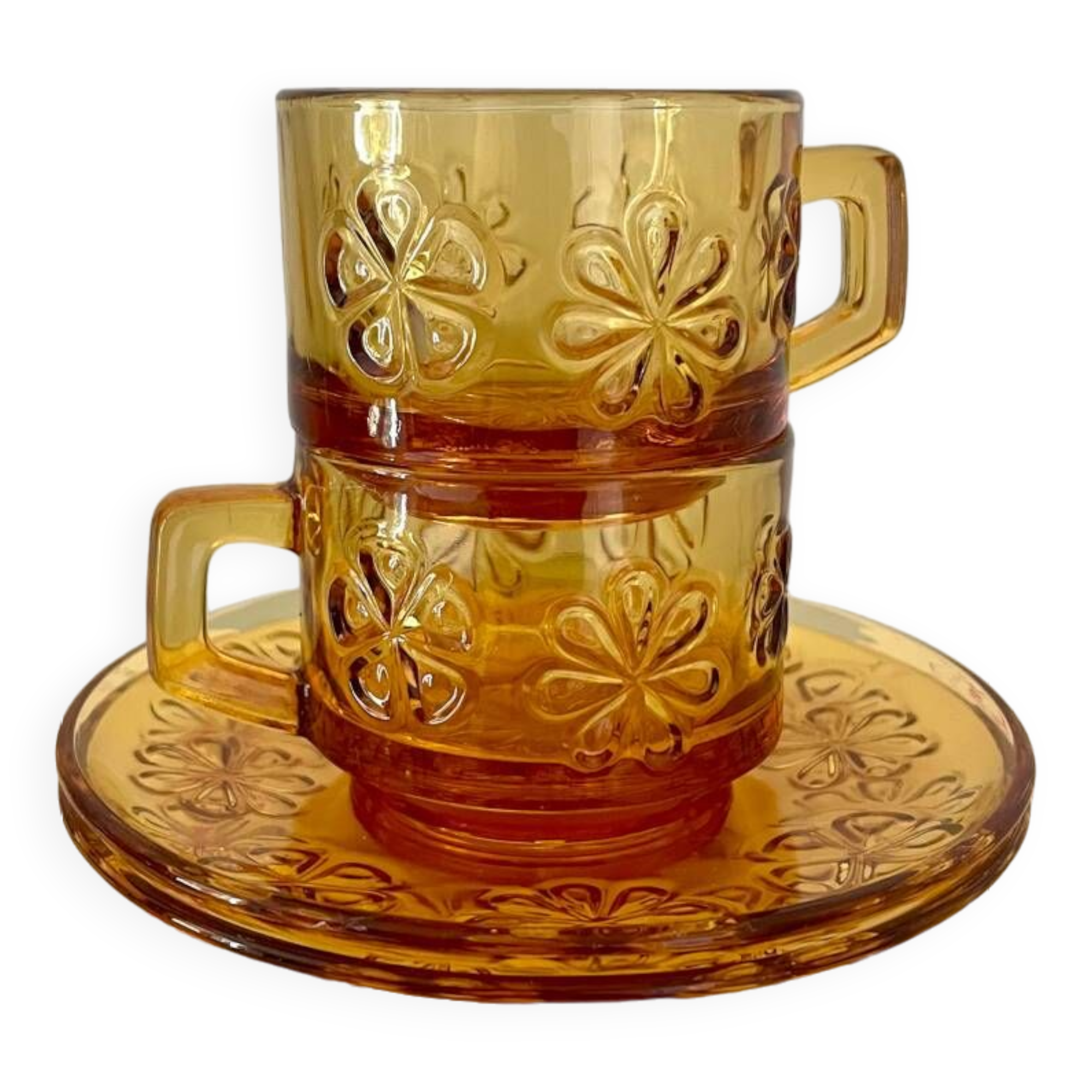 Set of two vintage cups and saucers 70s amber glass flowers