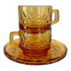 Set of two vintage cups and saucers 70s amber glass flowers