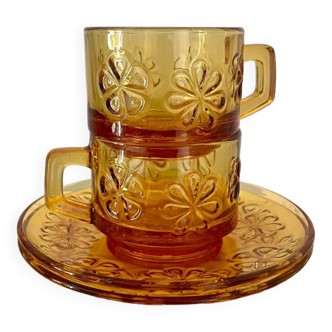 Set of two vintage cups and saucers 70s amber glass flowers