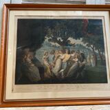 Ancienne gravure a. chaponnier la danse de village paris + cadre bois #b543
