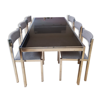 Table chrome et verre avec 6 chaises Milo Baughman 90x170cm-230cm